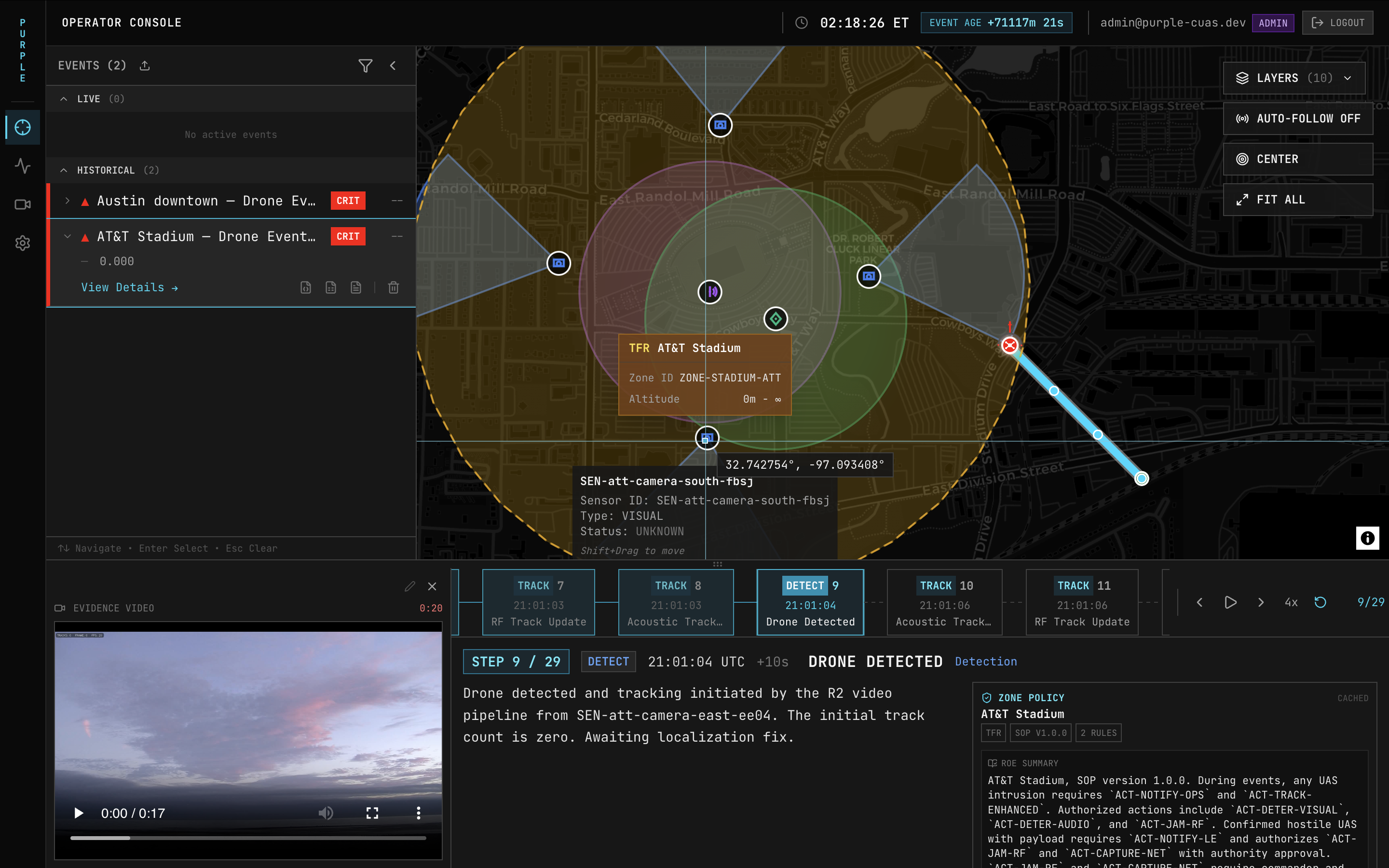 PURPLE Operator Console with live multi-sensor track fusion, camera evidence, and zone policy