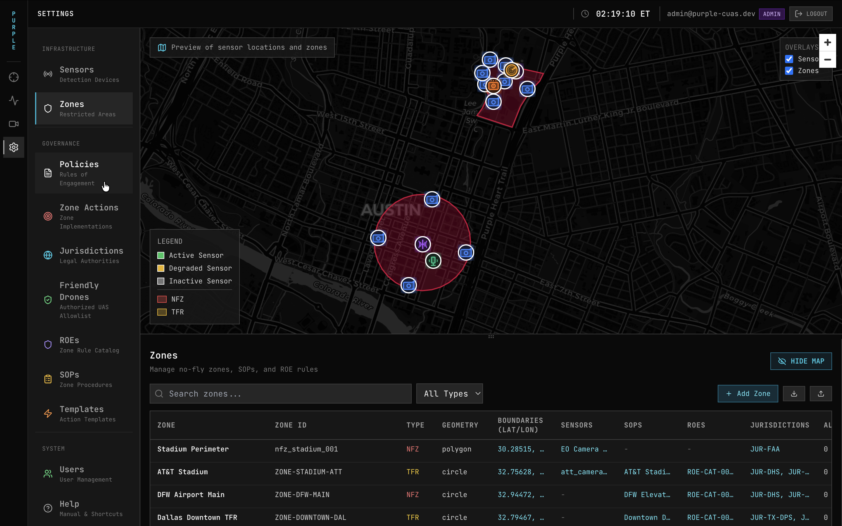 PURPLE Zones and Policies settings interface with sensor placement and rules configuration